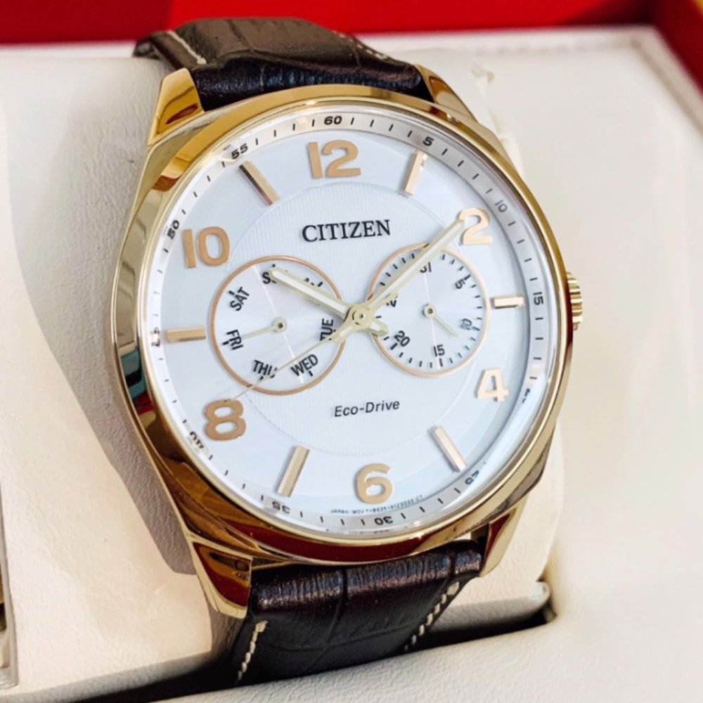 Citizen Rose Gold Dial Leather Brown Strap Watch! New